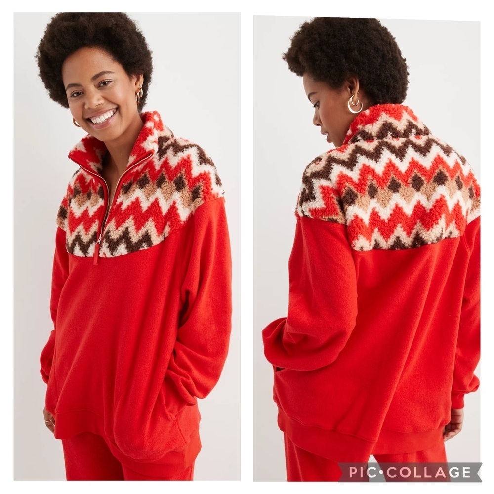 Aerie Hometown Holiday Red Chevron Sherpa Fleece Quarter Zip Sweatshirt Size L